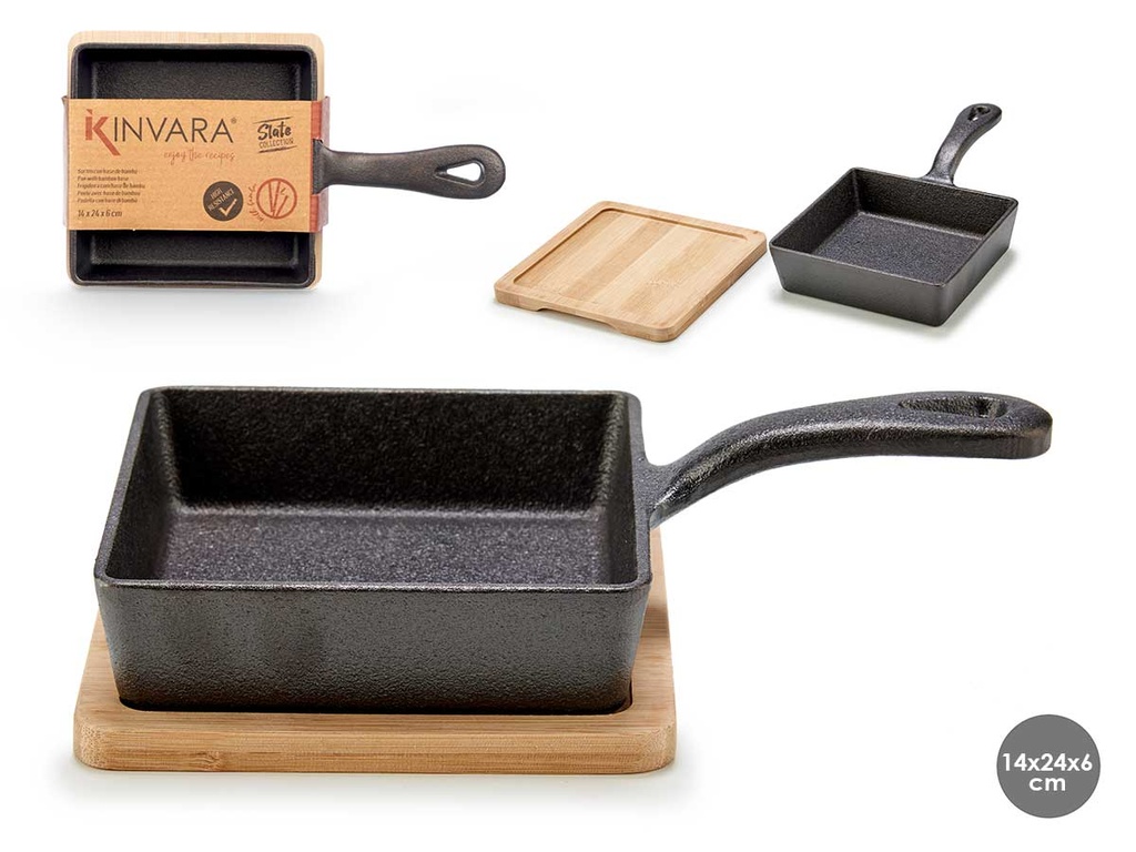 Sartén cuadrada de hierro con mango de bambú, cocina saludable