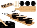Set 3 bol de cerámica negra con cuchara y bandeja de bambú elegante