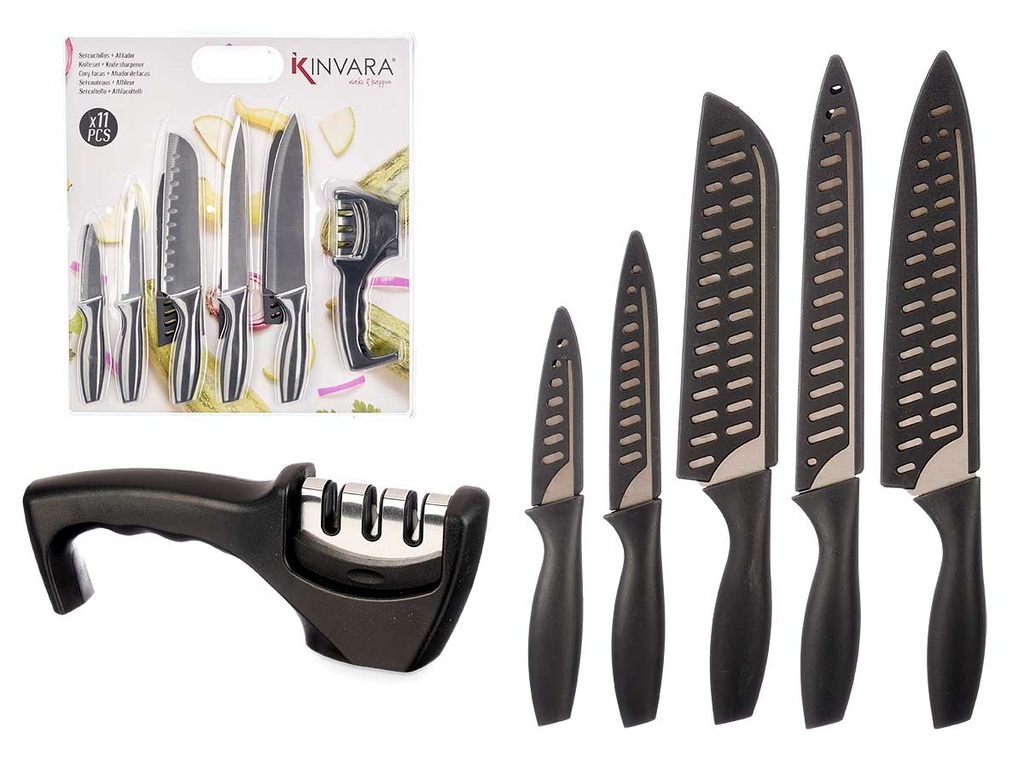 Set 5 cuchillos afilador negro: precisión y estilo en tu cocina