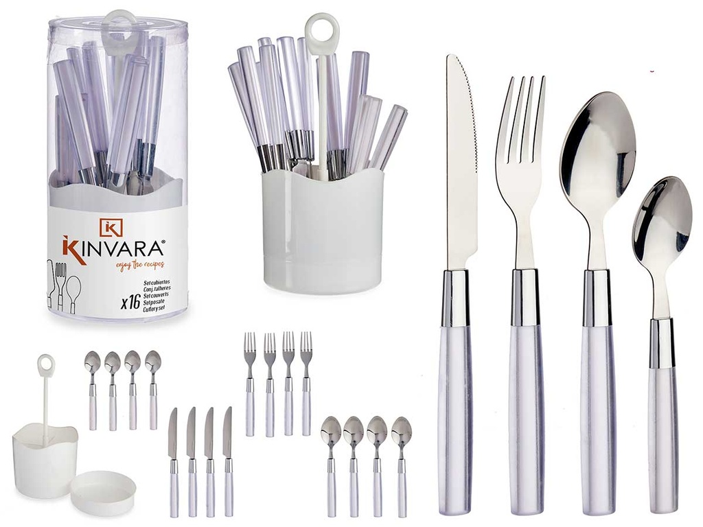 Set 16 cubiertos de acero inoxidable con elegante mango blanco