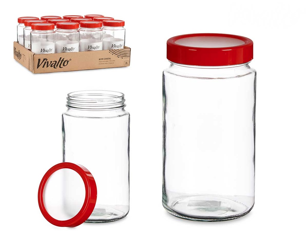 Bote cristal 2L transparente con tapa roja, ideal para almacenamiento