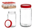 Bote cristal 2L transparente con tapa roja, ideal para almacenamiento