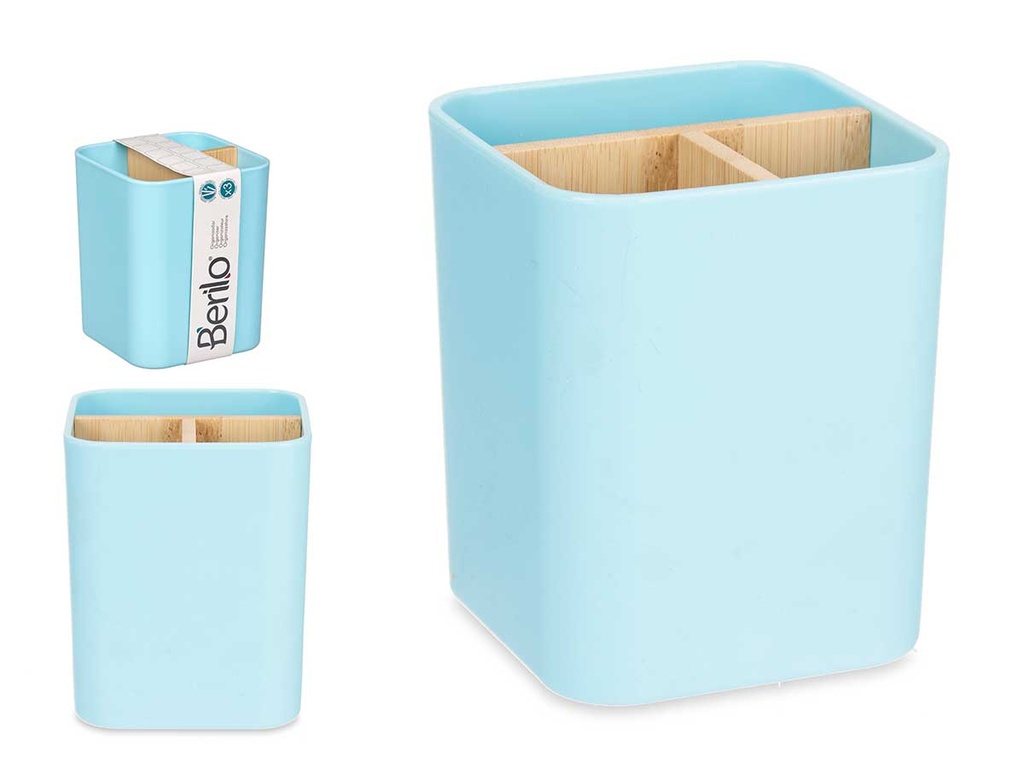 Organizador cuadrado 3 huecos de bambú azul para tu hogar elegante