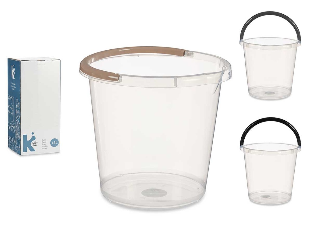 Cubo de agua transparente 13L con asa, práctico y duradero