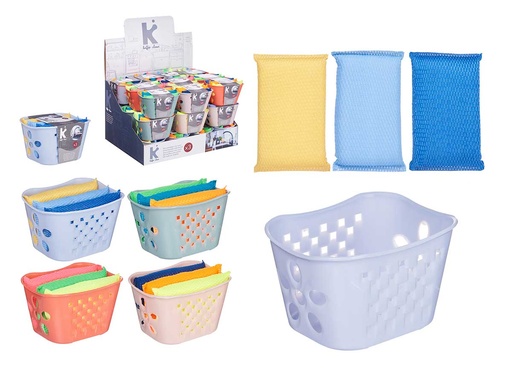 Set 3 estropajos con cesta de colores surtidos para tu hogar