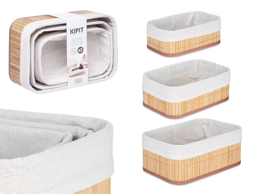 Set 3 organizadores de bambú con tela natural rectangular y elegante