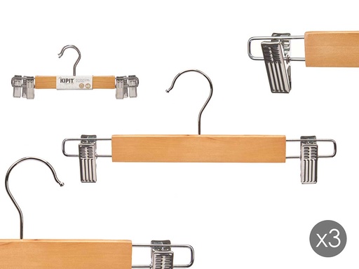 Set 3 perchas de madera con pinza para falda, organizadas y elegantes