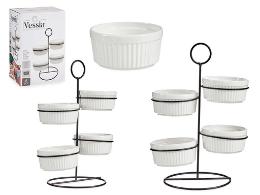 Set 4 bols redondos blancos con estante de metal, 200ml de elegancia