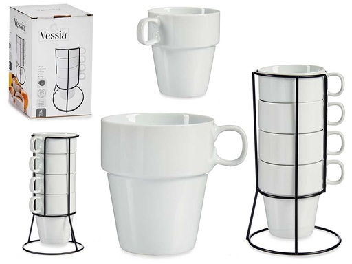 Set 4 tazas apilables blancas con estante para ahorrar espacio