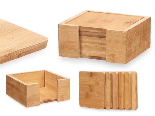 Set 6 posavasos de bambú cuadrados con soporte elegante y práctico