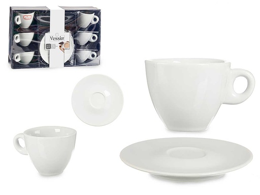 Set 6 tazas de café de porcelana blanca con plato, elegancia y estilo