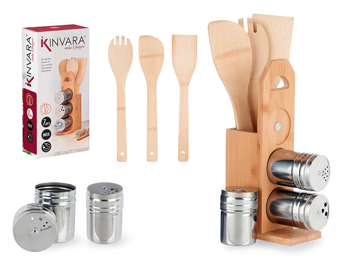 Set 7 pzs bambú: Soporte para palas y especieros elegantes