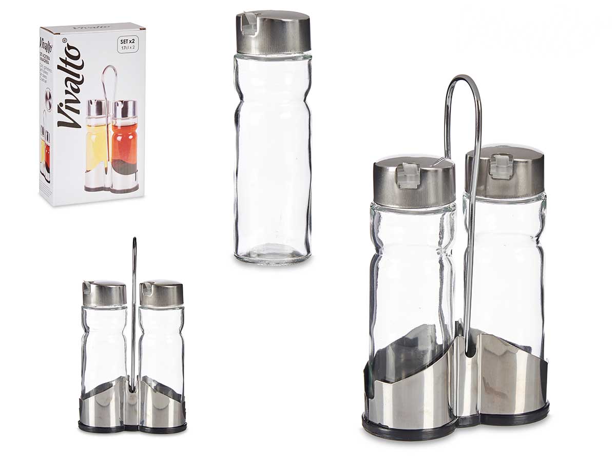 Set aceitera y vinagrera con soporte de acero inoxidable elegante