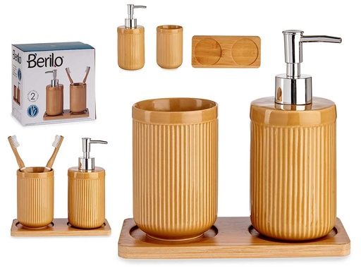 Set baño cerámica 2 pzs camel con bandeja de bambú elegante y práctico