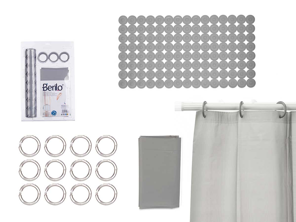 Set baño cortina PEVA y alfombra ducha gris para un estilo elegante