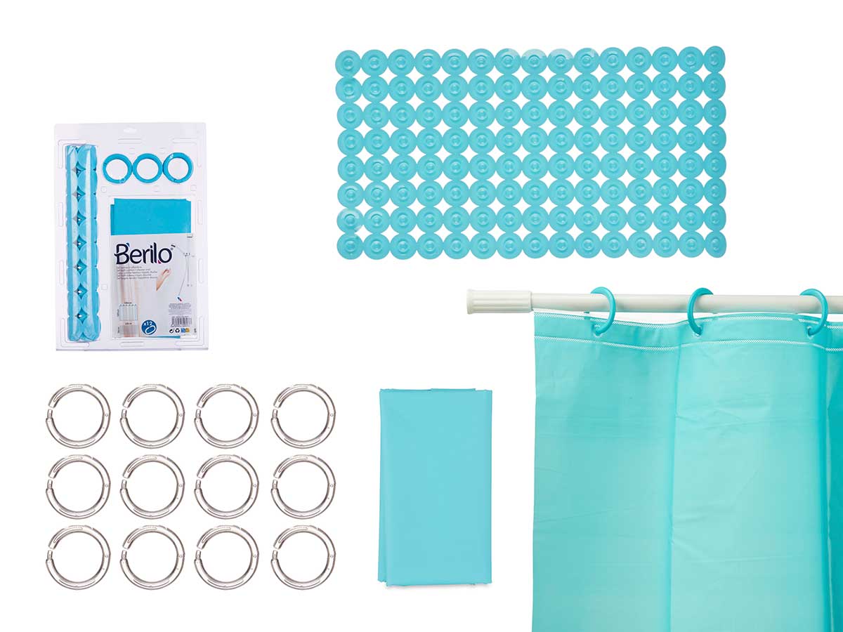 Set baño cortina peva y alfombra ducha azul para un toque fresco