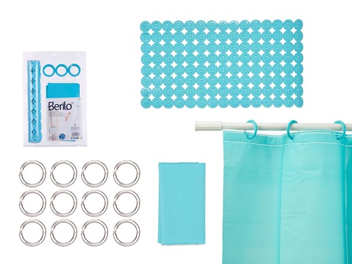 Set baño cortina peva y alfombra ducha azul para un toque fresco
