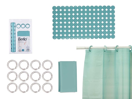 Set baño cortina peva y alfombra ducha en verde y azul vibrante
