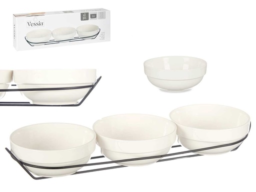 Set de 3 Bols de Porcelana Blanca con Soporte: Estilo y Funcionalidad
