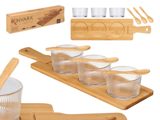 Set de 3 boles de cristal con cuchara y bandeja de bambú elegantes