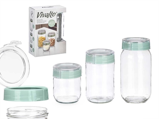 Set de 3 botes con tapa verde: ideal para almacenamiento eficiente