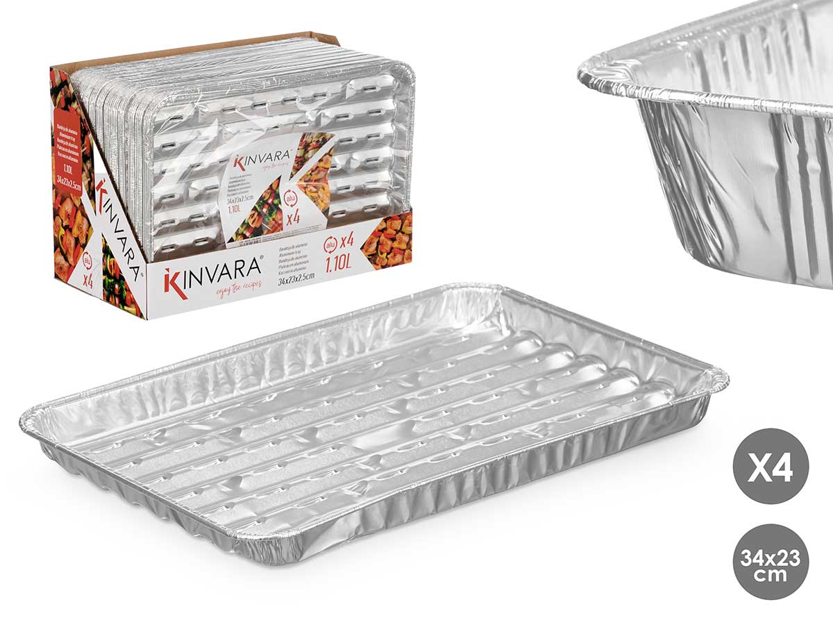 Set de 4 bandejas de aluminio rectangulares grill con diseño calado