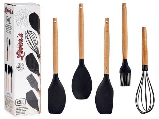 Set de 5 utensilios de cocina en silicona con mango de madera