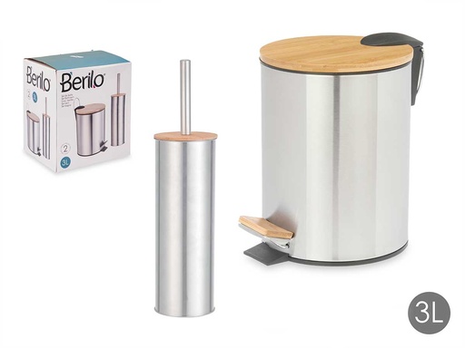 Set papelera 3L de bambú y escobillero de acero, estilo natural