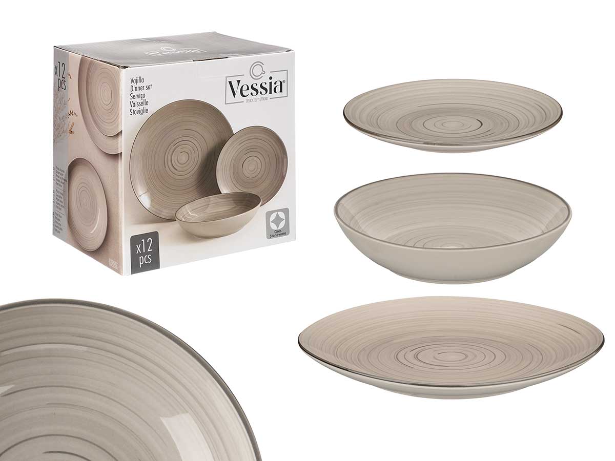 Set vajilla 12 pcs espiral gris: Elegancia y durabilidad para tu mesa