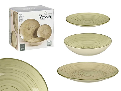Set vajilla 12 pcs espiral verde oliva: elegancia y durabilidad ideal
