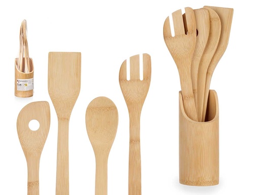 Soporte 5 pzs utensilios de bambú: Elegancia y organización perfecta