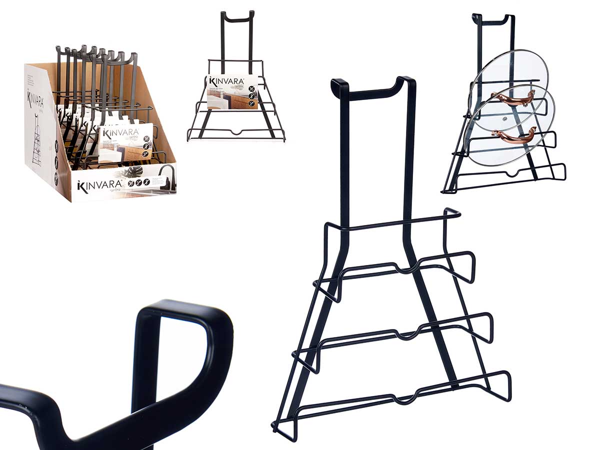 Soporte negro de metal para percha de tapas de sartén eficiente