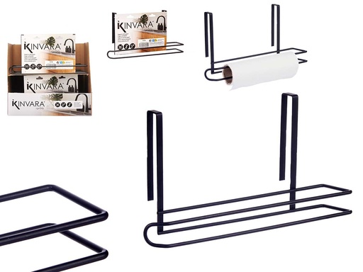 Soporte negro de metal para rollo de cocina, práctico y elegante