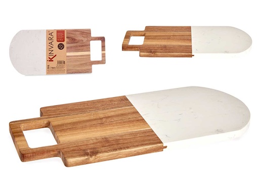Tabla cortar madera y mármol blanco con asa, ideal para cocinar