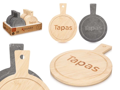 Tabla redonda de bambú y pizarra decorativa para tapas elegantes