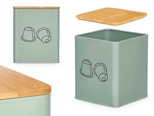 Tarro cuadrado portacápsulas verde menta con tapa de bambú elegante