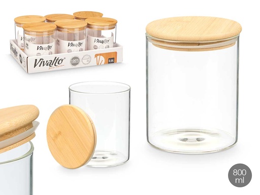 Tarro redondo de borosilicato 800ml con tapa de bambú