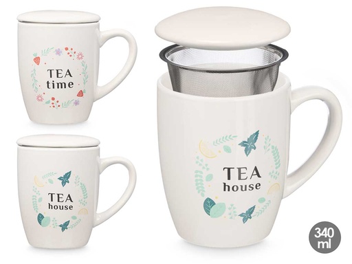 Taza Porcelana Tea House con Tapa y Filtro, Surtido Ideal para Té