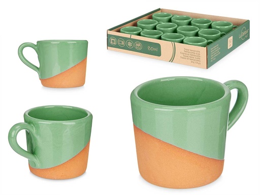 Taza café de barro 80ml con asa verde, elegancia en tu mesa