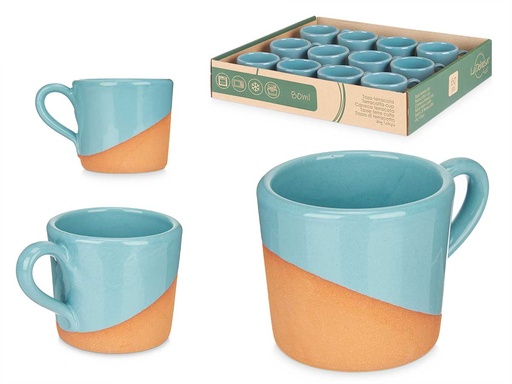 Taza de café de barro 80ml con asa turquesa, diseño único y artesanal