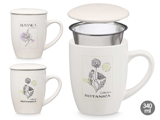 Taza porcelana botánica con tapa y filtro, ideal para tus infusiones