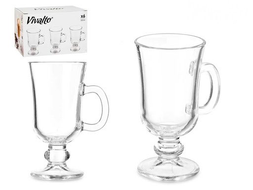 Taza vidrio café latte con pie y asa, ideal para disfrutar tu bebida