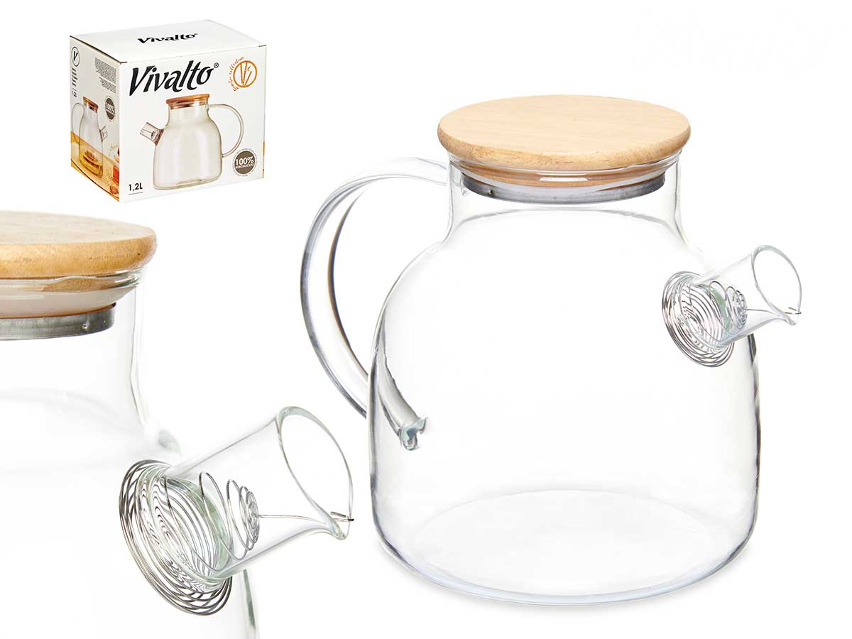 Tetera borosilicato con tapa de bambú 1,2l, elegante y duradera