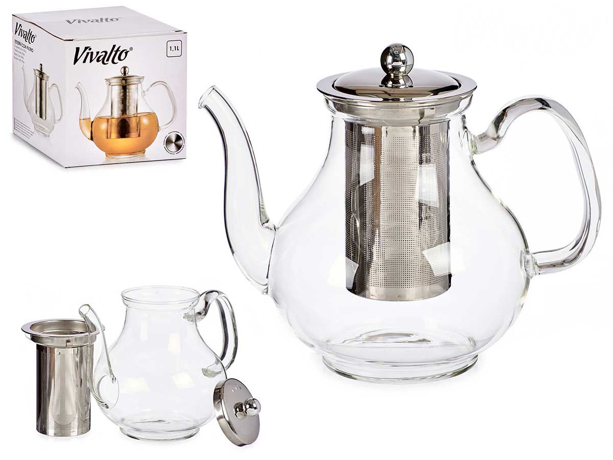 Tetera clásica de cristal grande y acero, perfecta para disfrutar té