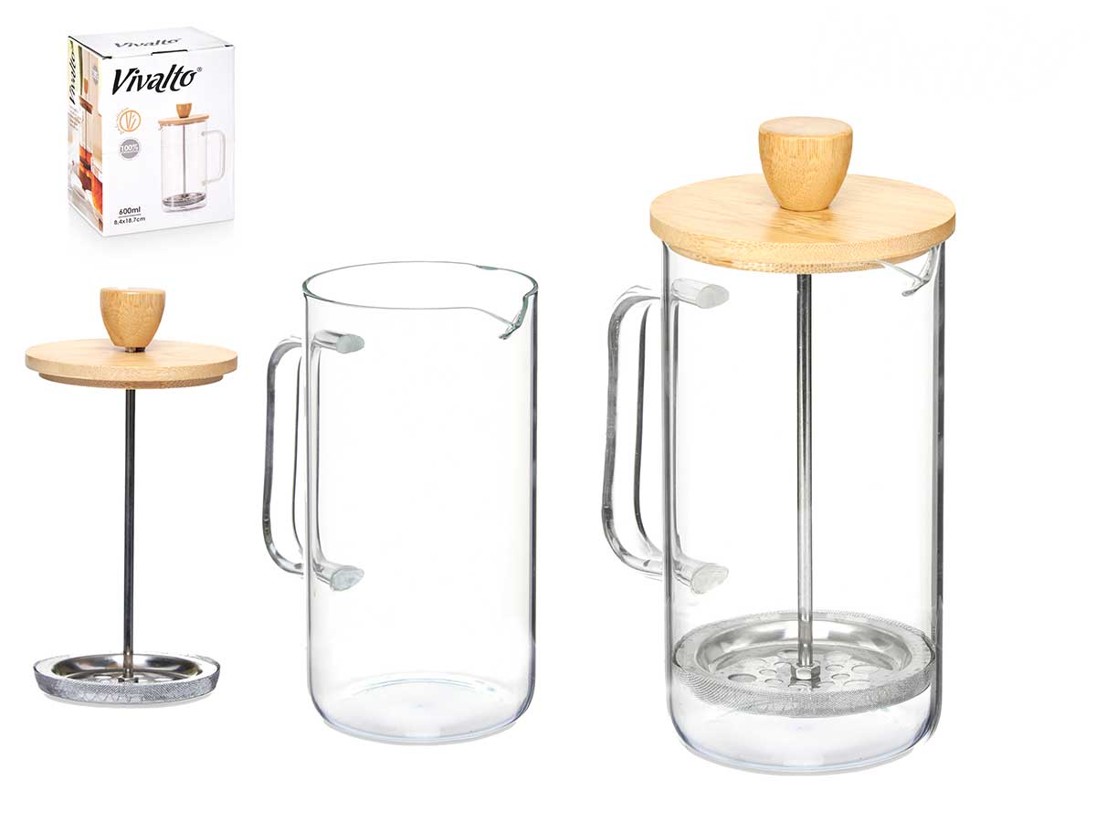 Tetera de Émbolo Borosilicato con Tapa de Bambú - 600ml de Estilo