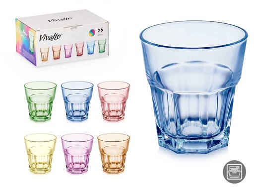 Vaso vidrio 300ml surtido en 6 colores, ¡dale vida a tu mesa!