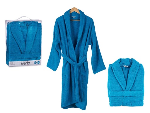 Albornoz azul suave y absorbente, ideal para después de la ducha