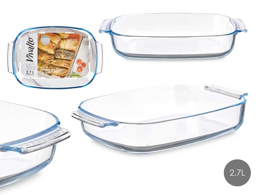 Bandeja borosilicato rectangular con asas, 2700ml de capacidad ideal