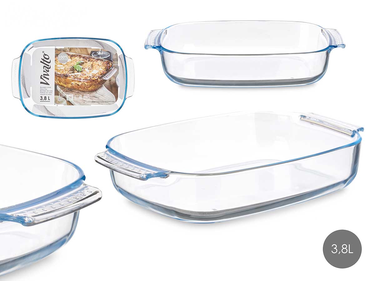 Bandeja borosilicato rectangular con asas, 3800ml de versatilidad