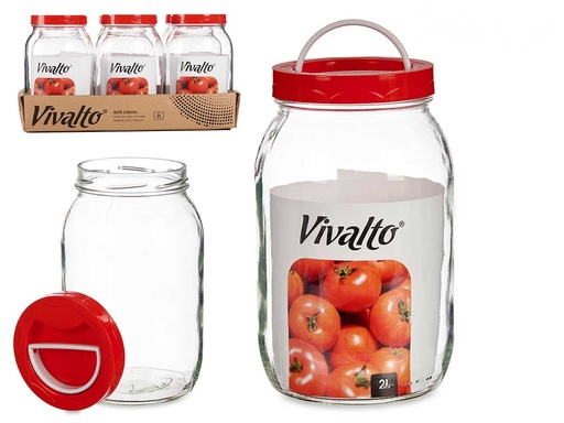 Bote cristal 2L con tapa roja y asa, ideal para almacenar alimentos